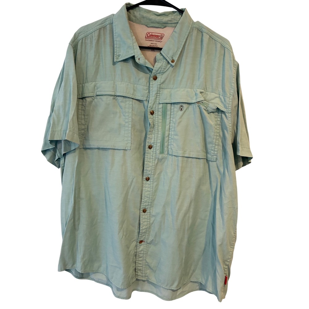 Coleman Mens XXL Short Sleeve Fishing Shirt Sage Green Ventilated Pocket Outdoor